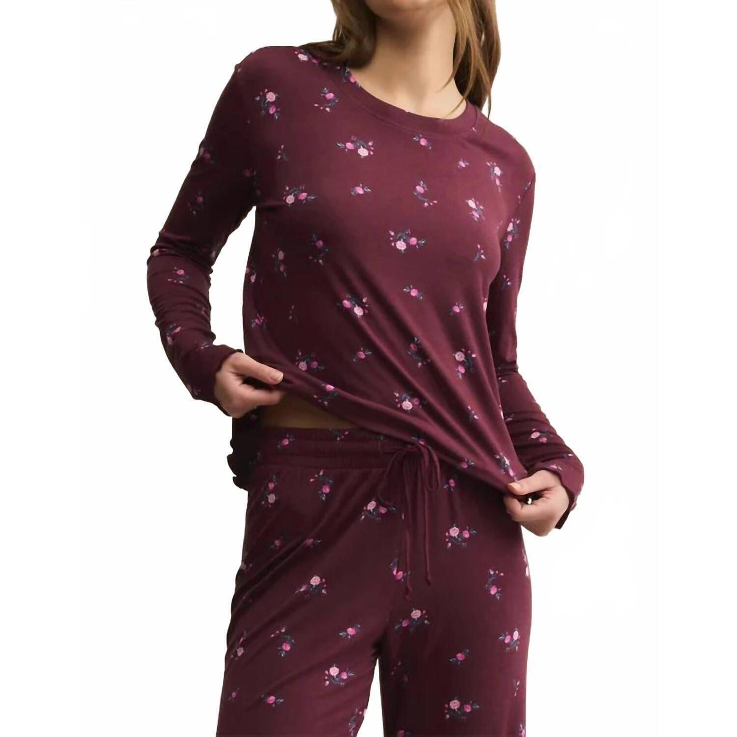 New Z Supply Bella Floral Ditsy Long Sleeve Top In Merlot